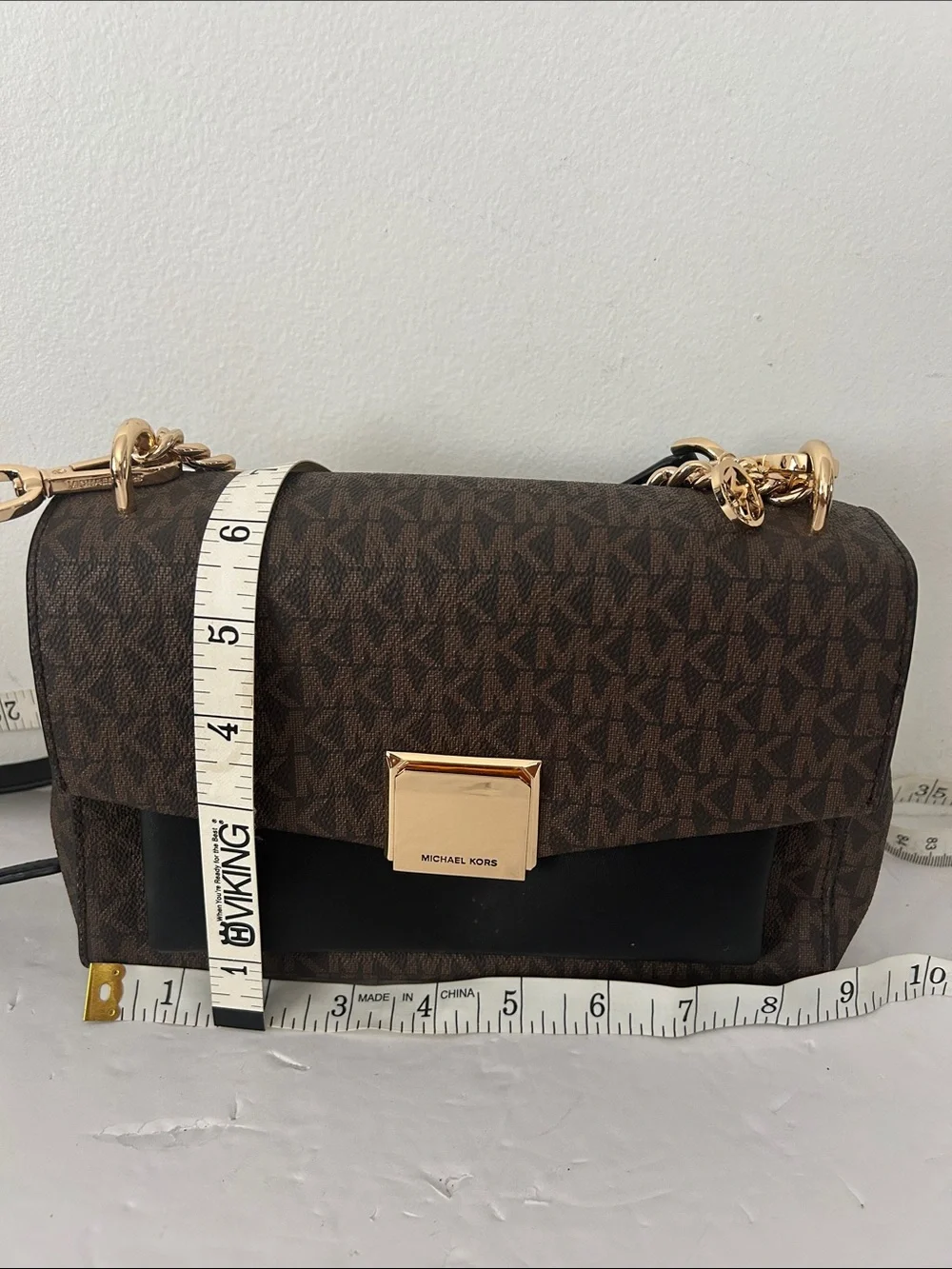 Michael Kors Lita Brown and Black Logo Crossbody with handle Gold Chain